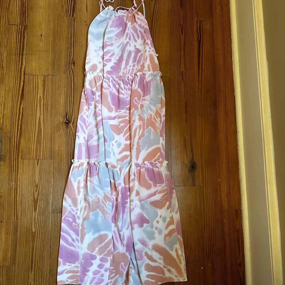 Lush‎ pink orange watercolor sleeveless tiered dress SIZE S